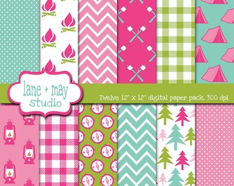 digital scrapbook papers - pink, aqua blue and green glamping theme patterns - INSTANT DOWNLOAD