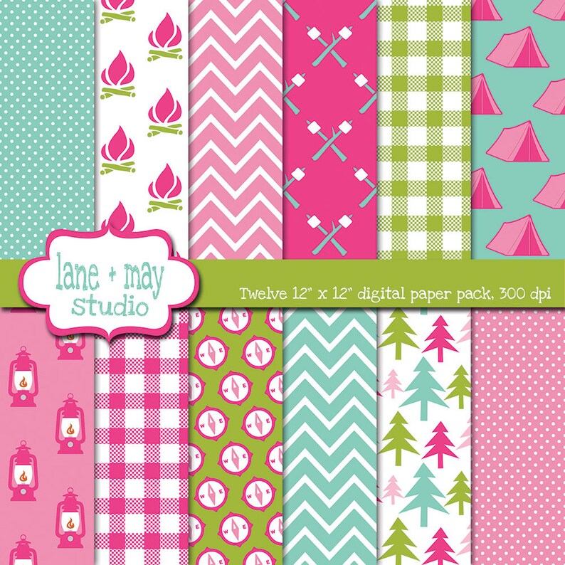 digital scrapbook papers pink, aqua blue and green glamping theme patterns INSTANT DOWNLOAD image 1