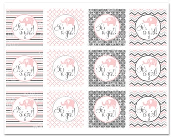 baby shower favor tags you print at home - it's a girl - pink and gray elephants - INSTANT DOWNLOAD