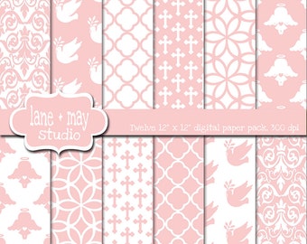May include: Twelve 12x12 inch digital paper patterns in pink and white. The patterns include doves, crosses, and geometric designs.