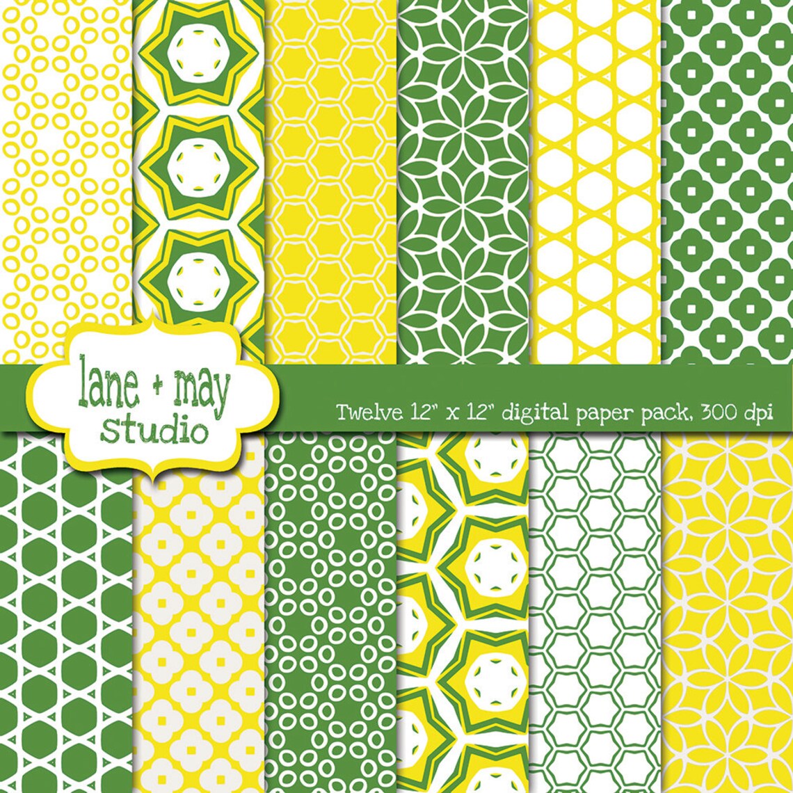 Digital Scrapbook Papers Green And Yellow Lattice Patterns Etsy