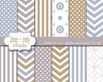 digital scrapbook papers - neutral blue, gray and sand chevron, polka dot and stripe patterns - INSTANT DOWNLOAD