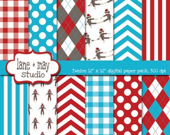 Mönster med sockapa-tema i rött, blått och brunt - digitala scrapbookingpapper - DIREKT NEDLADDNING