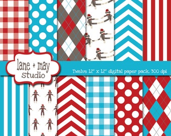 sock monkey theme patterns in red, blue and brown - digital scrapbook papers - INSTANT DOWNLOAD