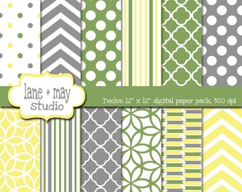 digital scrapbook papers - sage green, yellow and gray patterns - INSTANT DOWNLOAD
