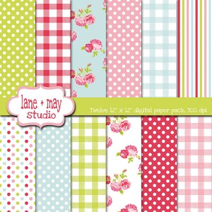 shabby chic papers - digital scrapbook papers - pink, aqua blue and green roses, stripes, gingham and polka dot patterns - INSTANT DOWNLOAD