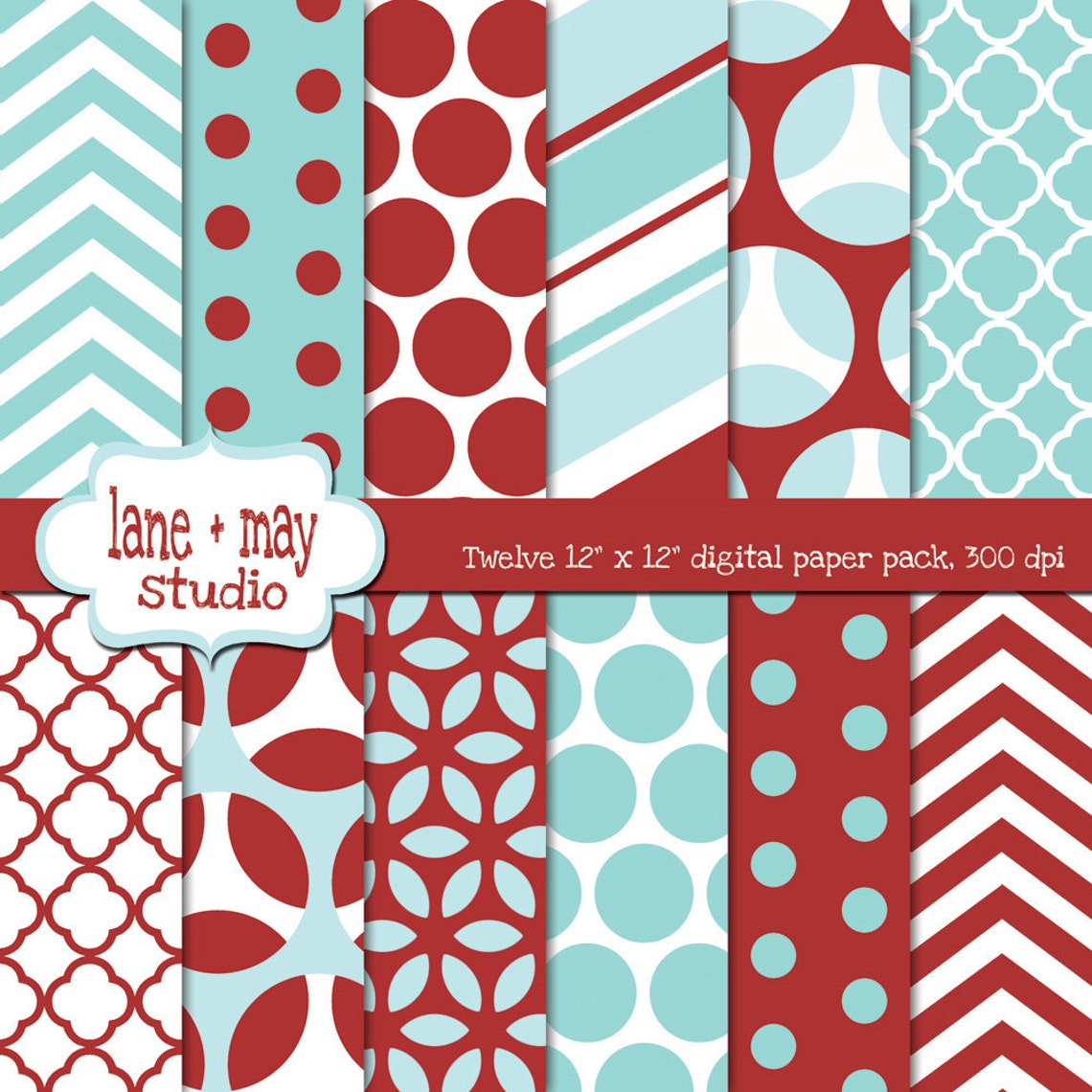 Digital Scrapbook Papers Red And Aqua Blue Patterns Etsy