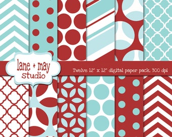 digital scrapbook papers - red and aqua blue patterns - INSTANT DOWNLOAD
