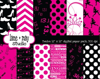 digital scrapbook papers - hot pink and black running princess 2 - INSTANT DOWNLOAD