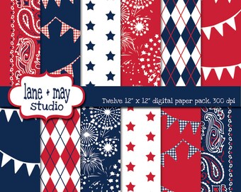 digital scrapbook papers - red, white and blue 4th of July patterns 2 - INSTANT DOWNLOAD