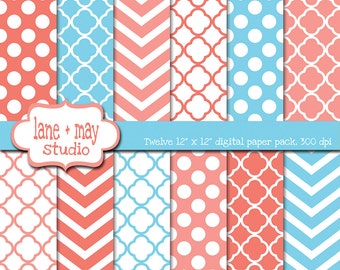 digital papers - peach coral pink and baby blue patterns - INSTANT DOWNLOAD