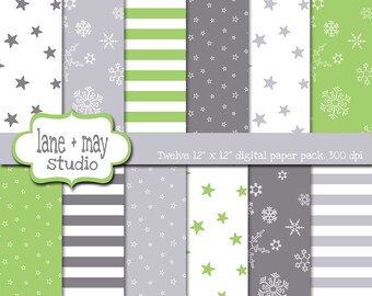 digital scrapbook papers - green and gray snowflake, star and stripe patterns - INSTANT DOWNLOAD