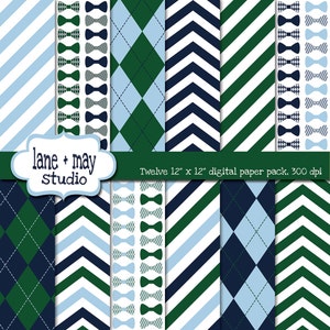 May include: Twelve 12-inch by 12-inch digital paper patterns in a green, blue, and white color scheme. The patterns include stripes, chevron, and argyle designs.