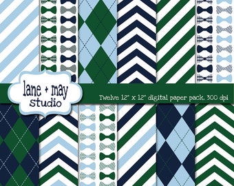 digital papers - navy blue and green preppy golfer patterns - INSTANT DOWNLOAD