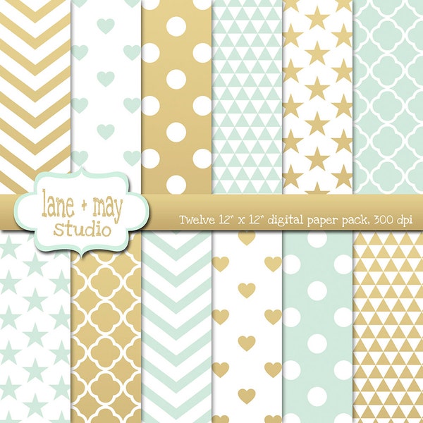 digital scrapbook papers - mint green and gold polka dot, chevron, heart and star patterns - INSTANT DOWNLOAD