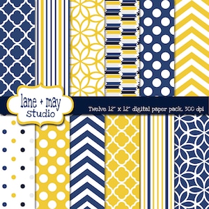 digital scrapbook papers - navy and yellow polka dots, chevron, stripes and quatrefoil - INSTANT DOWNLOAD