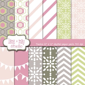 digital scrapbook papers - pastel pink and green chevron, bunting and stripes - INSTANT DOWNLOAD