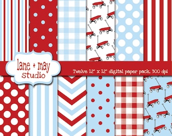 digital scrapbook papers - little red wagon in red and baby blue - INSTANT DOWNLOAD