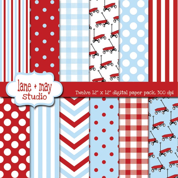 digital scrapbook papers - little red wagon in red and baby blue - INSTANT DOWNLOAD