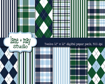 digital papers - navy blue and green preppy golfer patterns 2 - INSTANT DOWNLOAD