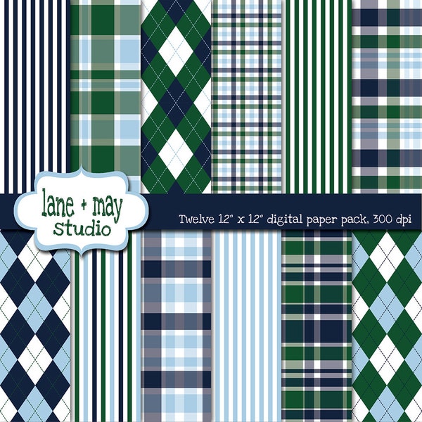 digital papers - navy blue and green preppy golfer patterns 2 - INSTANT DOWNLOAD