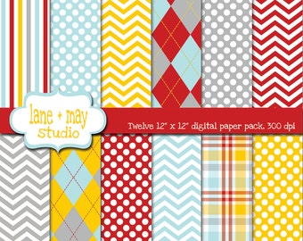 Digital scrapbook Paper - rosso, aqua, giallo e grigio modelli preppy boy - INSTANT DOWNLOAD