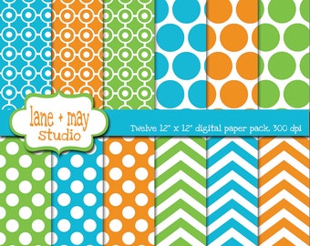 digital papers - green, orange and blue polka dot and chevron patterns - INSTANT DOWNLOAD