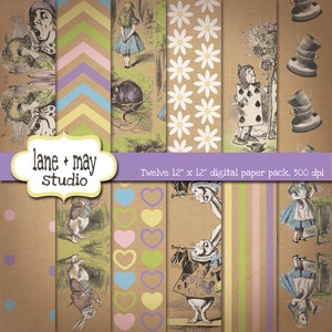 alice in wonderland patterns - vintage - digital scrapbook papers - INSTANT DOWNLOAD