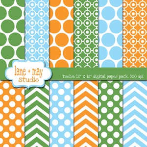 digital scrapbook papers - green, orange and baby blue polka dot and chevron patterns  - INSTANT DOWNLOAD
