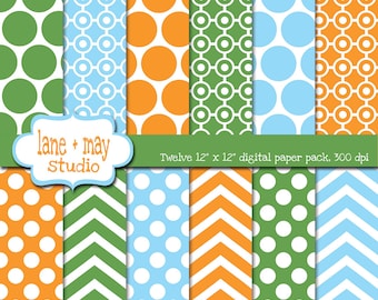 digital scrapbook papers - green, orange and baby blue polka dot and chevron patterns  - INSTANT DOWNLOAD