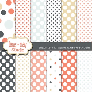 digital papers - coral, pink, khaki and gray polka dot patterns - INSTANT DOWNLOAD