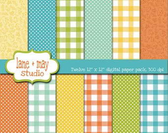 digital scrapbook papers - aqua blue, green, orange and yellow gingham and polka dot patterns - INSTANT DOWNLOAD