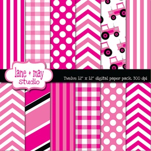 May include: A digital paper pack with 12 pink and white patterned designs. The patterns include stripes, polka dots, gingham, and chevron. The text "lane + may Studio" and "Twelve 12" x 12" digital paper pack, 300 dpi" is included in the image.