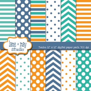 digital papers - aqua green, orange and blue patterns - INSTANT DOWNLOAD