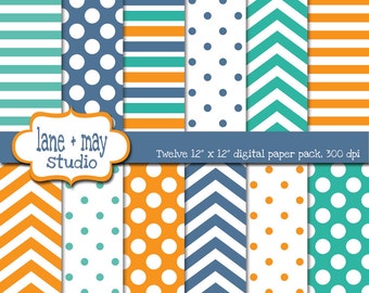 digital papers - aqua green, orange and blue patterns - INSTANT DOWNLOAD