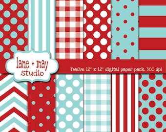 digital scrapbook papers - red and aqua gingham, stripes and polka dots - INSTANT DOWNLOAD