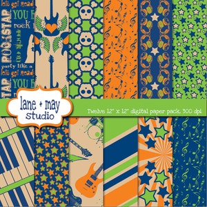digital papers - blue, green and orange party like a rockstar patterns - INSTANT DOWNLOAD