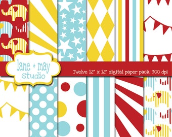 digital scrapbook papers - red, pale blue and yellow circus carnival patterns - INSTANT DOWNLOAD