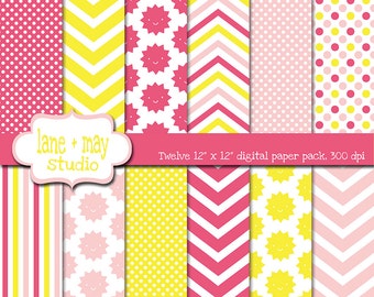 digital papers - pink and yellow you are my sunshine theme patterns - INSTANT DOWNLOAD