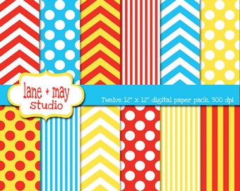 digital scrapbook papers - red, yellow and blue chevron, polka dots and stripes - INSTANT DOWNLOAD