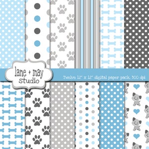 digital scrapbook papers - blue and gray puppy dog theme patterns - INSTANT DOWNLOAD