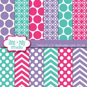digital scrapbook papers - pink, aqua and purple polka dot and chevron patterns - INSTANT DOWNLOAD