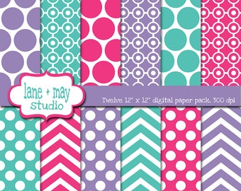 digital scrapbook papers - pink, aqua and purple polka dot and chevron patterns - INSTANT DOWNLOAD