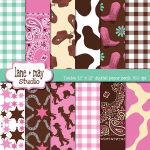 digital scrapbook papers - pink, brown, and aqua cowgirl themed - INSTANT DOWNLOAD