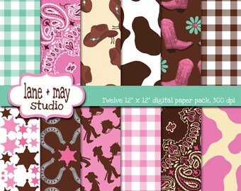 digital scrapbook papers - pink, brown, and aqua cowgirl themed - INSTANT DOWNLOAD