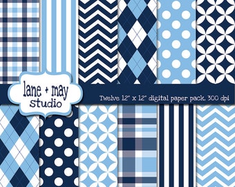 carte scrapbook digitale - preppy navy, azzurro e bianco - DOWNLOAD immediato