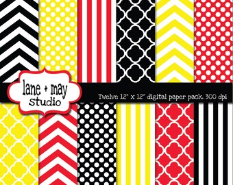 digital papers - red, black and yellow chevron, stripes, quatrefoil and polka dot patterns - INSTANT DOWNLOAD