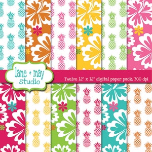 digital scrapbook papers - luau party / baby shower pineapple and hawaiian flower patterns - INSTANT DOWNLOAD