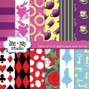 alice in wonderland - tea party - digital scrapbook papers - INSTANT DOWNLOAD