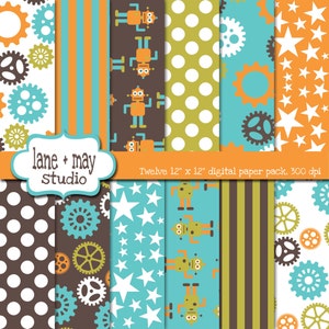 digital papers - robot and gear theme patterns in orange, blue, green and brown - INSTANT DOWNLOAD